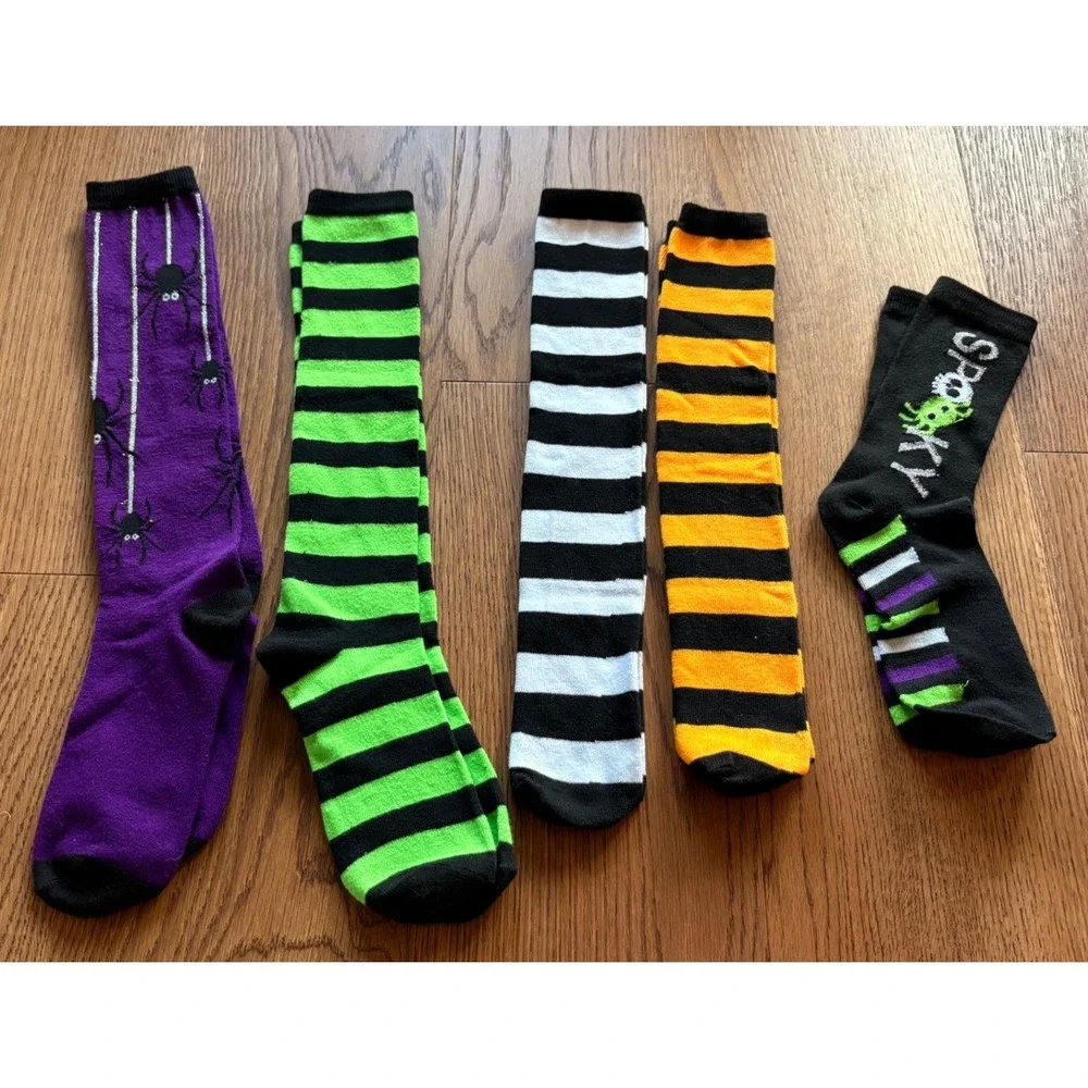 Halloween Socks Women's size Medium Multicolored Good Striped Spider 5 Pair Lot